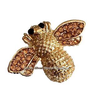 Vintage Gold Bee Pin Brooch Insect Bug Bumble Animal Queen Sparkly Amber Crystal